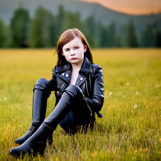 Image similar to young girl sits on a meadow, she wears leather jacket, jeans and black boots, sharp focus, photo taken by nikon, 4 k,