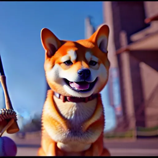 Prompt: weta disney pixar movie still photo of funny shiba inu with baseball bat : : shiba inu by pixar : : giant sign that says bonk : : by weta, greg rutkowski, wlop, ilya kuvshinov, rossdraws, artgerm, octane render, iridescent, bright morning, anime, liosh, mucha : :