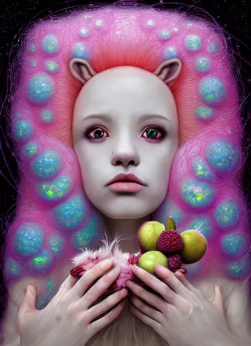 Image similar to hyper detailed 3d render like a Oil painting - kawaii portrait Aurora (white haired Singer Ferret) seen Eating of the Strangling network of yellowcake aerochrome and milky Fruit and Her delicate Hands hold of gossamer polyp blossoms bring iridescent fungal flowers whose spores black the foolish stars by Jacek Yerka, Mariusz Lewandowski, Houdini algorithmic generative render, Abstract brush strokes, Masterpiece, Edward Hopper and James Gilleard, Zdzislaw Beksinski, Mark Ryden, Wolfgang Lettl, hints of Yayoi Kasuma, octane render, 8k