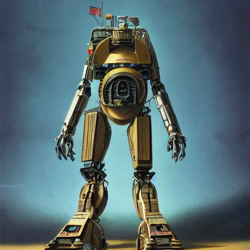 Image similar to a anthropomorphic humanoid tank Mech in the style of Ralph McQuarrie/Syd Mead/John Berkey detailed realistic HD 8k High Resolution