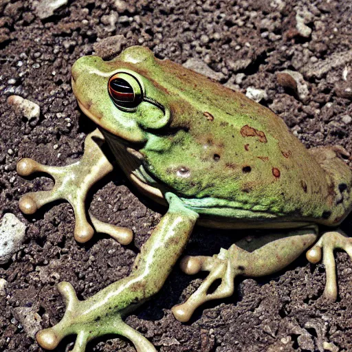 Prompt: archaeological artifact. photograph. frog. frog. frog. death and decay. cemetery; exposed bones. elephant graveyard; cartilage. ancient burial ground. frog frog frog!