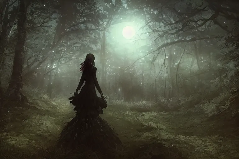 Image similar to goth woman in a moonlight view, in a forest, a river, tankoban, 4 k, tone mapping, akihiko yoshida, james jean andrei riabovitchev marc simonetti, yoshitaka amano, long hair, curly, h. hydrochaeri