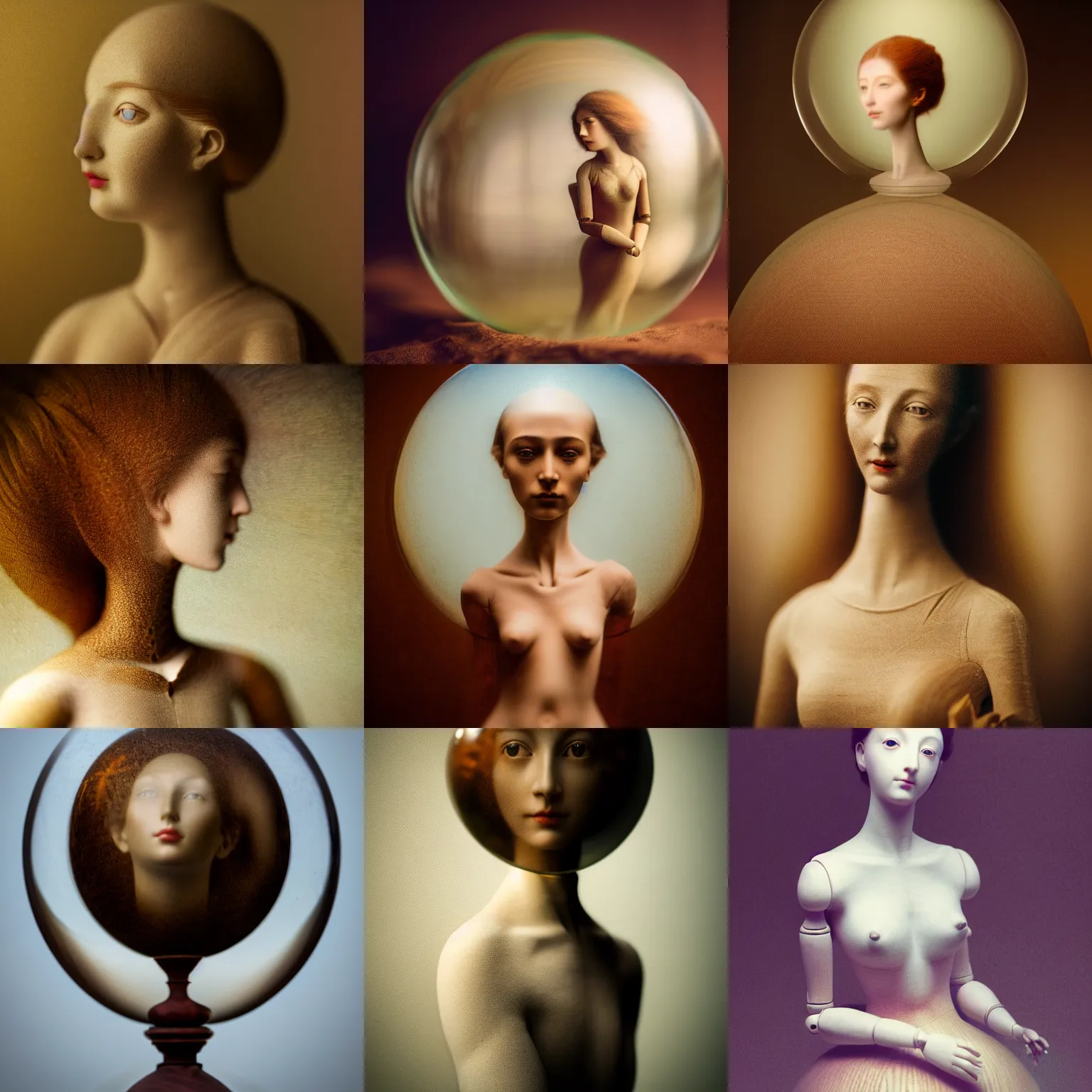 Prompt: photograph portrait of a beautiful female jointed wooden art doll as seen through a glass ball glass sphere photography prop, canon 5 d, professional photography, dslr, by agostino arrivabene, by fernand khnopff, by raphael, rendered in octane, photorealistic, ethereal, soft light, surreal, mysterious