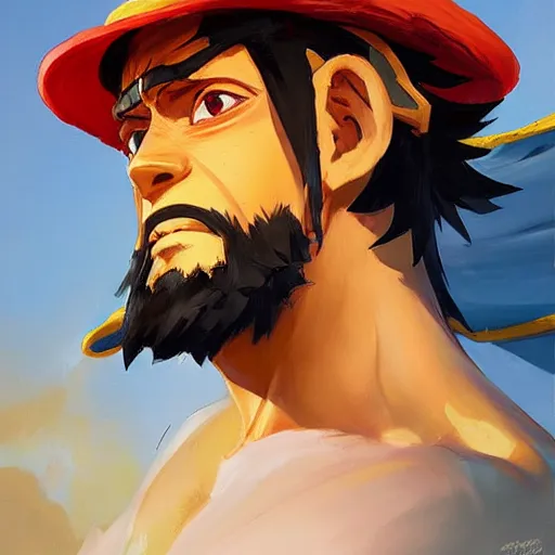 Image similar to greg manchess portrait painting of luffy as overwatch character, medium shot, asymmetrical, profile picture, organic painting, sunny day, matte painting, bold shapes, hard edges, street art, trending on artstation, by huang guangjian and gil elvgren and sachin teng