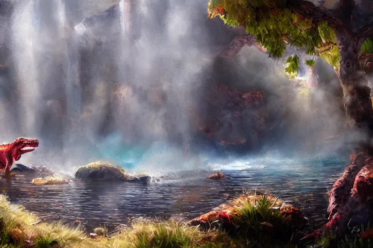 Image similar to highly detailed oil painting of a tyrannosaurus rex in a steaming colorful hotspring stream, featured on artstation