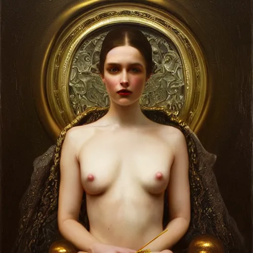 Image similar to highly detailed oil painting | very intricate | cinematic lighting | award - winning | portrait of saturnusdaughter dressed in high fashion | by roberto ferri, by tom bagshaw, by j. c. leyendecker and klimt, american romanticism, by austin osman spare, artstation, cgsociety, official art, octane