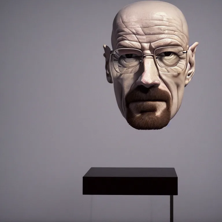 Image similar to hyperrealistic portrait sculpture of a walter white made of dry - aged wagyu beef on a pedestal by ron mueck and duane hanson and lee bontecou, hyperrealistic dramatic colored lighting trending on artstation 8 k