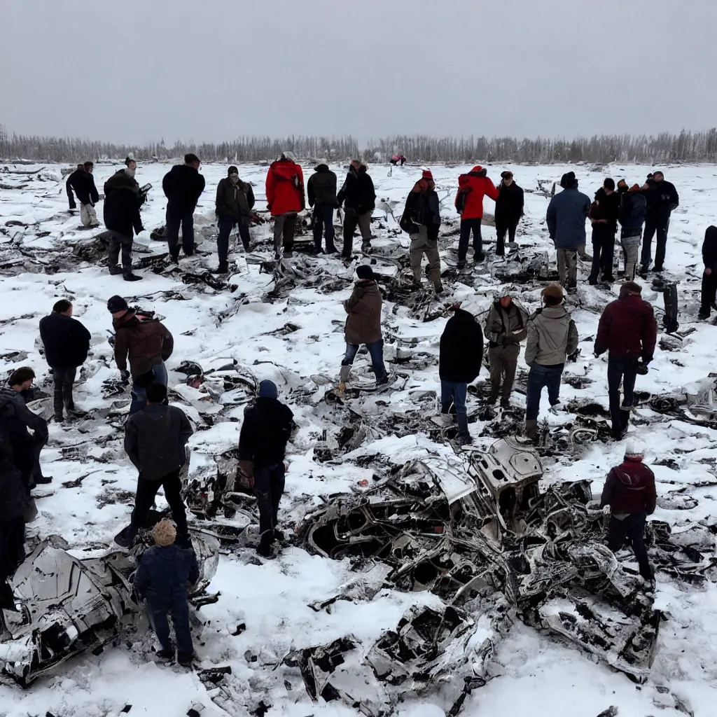 Image similar to group of people discovering a destroyed starship in the middle of a snow field