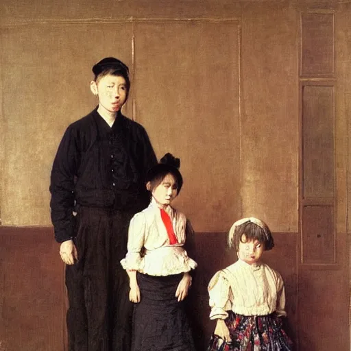 Prompt: a family portrait, all dressed in japanese streetwear, by albrecht anker, jules bastien - lepage, william henry hunt, beautiful painting, soft lighting