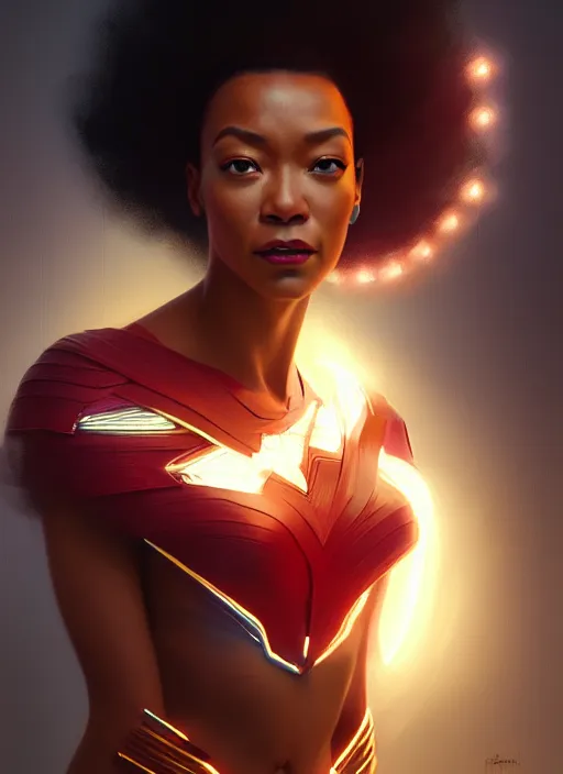 Image similar to portrait of modern darna, sonequa martin - green, intricate, elegant, glowing lights, highly detailed, digital painting, artstation, glamor pose, concept art, smooth, sharp focus, illustration, art by wlop, mars ravelo and greg rutkowski