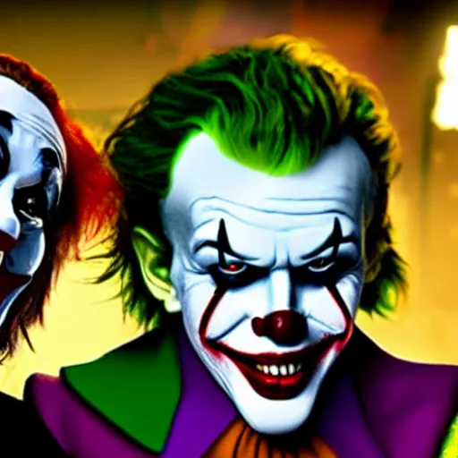 Image similar to The Joker doing Karaoke with Pennywise the Dancing Clown, 4k, ultra realistic, detailed