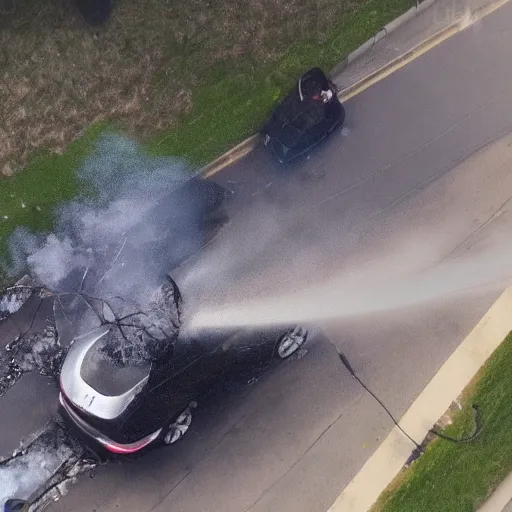 Prompt: drone footage of a car fire, photo realistic, award winning
