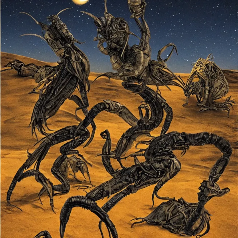 Prompt: alien scorpion, pelican, and camel in a desert at night. strange anatomy. pulp sci - fi art.