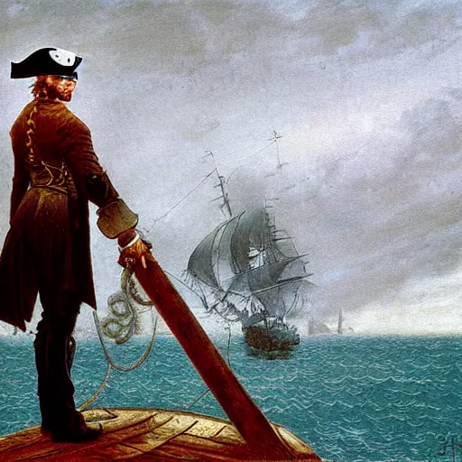 Image similar to pirate wearing an eyepatch, ship, digital oil paint, by caspar david friedrich