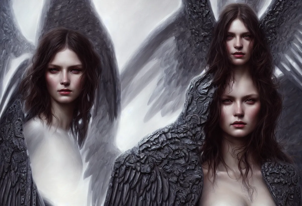 Image similar to detailed portrait of a big dark angel spread wings, diffuse lighting, scifi fantasy, intricate, highly detailed, lifelike, photorealistic, digital painting, artstation, illustration, concept art, smooth, sharp focus, art by john collier and albert aublet and krenz cushart