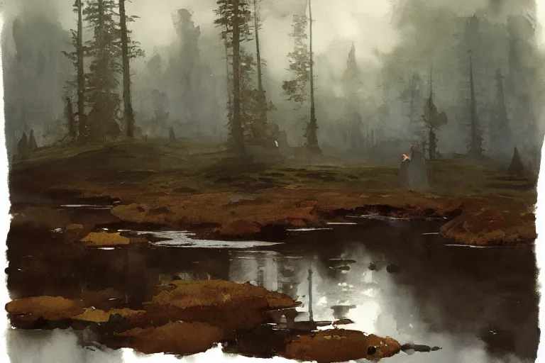 Prompt: watercolor painting of scandinavian bog, reflective, fog, ambient lighting, art by anders zorn and winslow homer, wonderful masterpiece by greg rutkowski, cinematic light, american romanticism by greg manchess, creation by tyler edlin