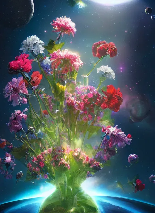 Image similar to An epic fantastic realism comic book style painting of the most beautiful flowers launched into space, bouquets, glorious galactic collision, sharp focus, fisheye, unreal 5, DAZ, hyperrealistic, octane render, dynamic lighting