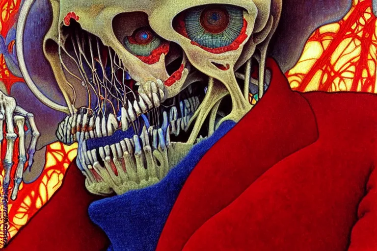 Image similar to realistic detailed closeup portrait painting of a single skeleton wearing red velvet blazer in a crowded futuristic moscow street by Jean Delville, Amano, Yves Tanguy, Alphonse Mucha, Ernst Haeckel, Edward Robert Hughes, Roger Dean, rich moody colours, blue eyes