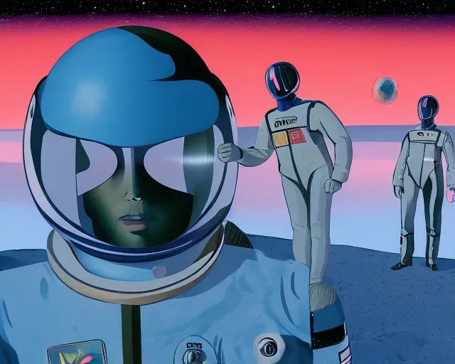 Prompt: a portrait of Alain Delon pilot in spacesuit posing on field forrest spaceship station landing laying lake artillery outer worlds shadows in FANTASTIC PLANET La planète sauvage animation by René Laloux