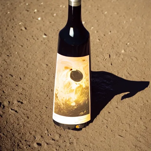 Prompt: picnic with close up of wine bottle on the moon