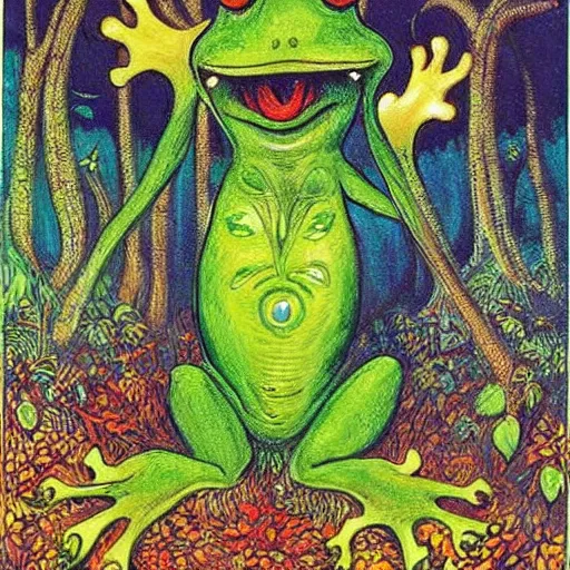 Image similar to a green frog-like genie ready to grant wishes deep in the forest, fantasy illustration, Louis wain