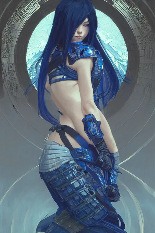 Image similar to portrait Ninja gaiden girl, armored blue and whte ninja wardrobe, in ruin japanese rainny temple moon night, ssci-fi and fantasy, intricate and very very beautiful and elegant, highly detailed, digital painting, artstation, concept art, smooth and sharp focus, illustration, art by tian zi and WLOP and alphonse mucha