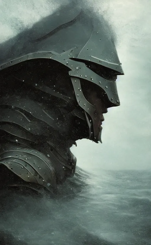 Prompt: knight, norway fjord, extreme close up portrait, hudson river school, max rive, armor made of water, studio lighting, stormy seas, beautiful, bokeh, snowy, storm clouds, god rays, extreme close up portrait, d & d, fantasy, elegant, low key color palette, concept art, roger deakins and greg rutkowski and alphonse mucha