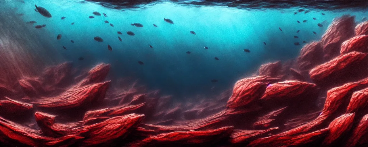 Image similar to A gorgeous detailed oil of a dark red sea covered in big blue steep rocks, a school of piranhas underwater, the further away the mistier it gets, surreal, concept art, dark aesthetic, atmospheric, moody, hyperrealism, highly detailed, masterpiece, award winning, 4k