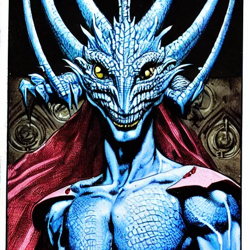 Image similar to head and shoulders portrait of a medieval d & d fantasy anthropomorphic blue dragon - headed sorcerer, comic book cover art by hr giger and frank miller