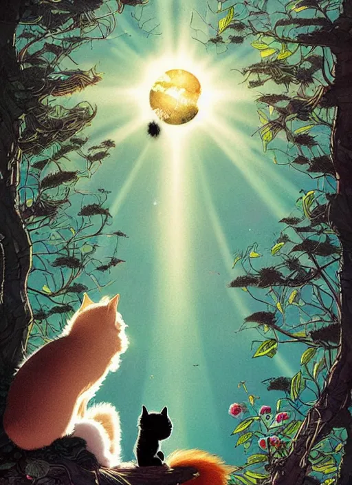 Image similar to a hyper realistic ink cat and the meaning of life and sunbeams blue sky, lush forest poster art by chiara bautista and kim jung giu and norman rockwell and greg rutkowski weta studio, and lucasfilm