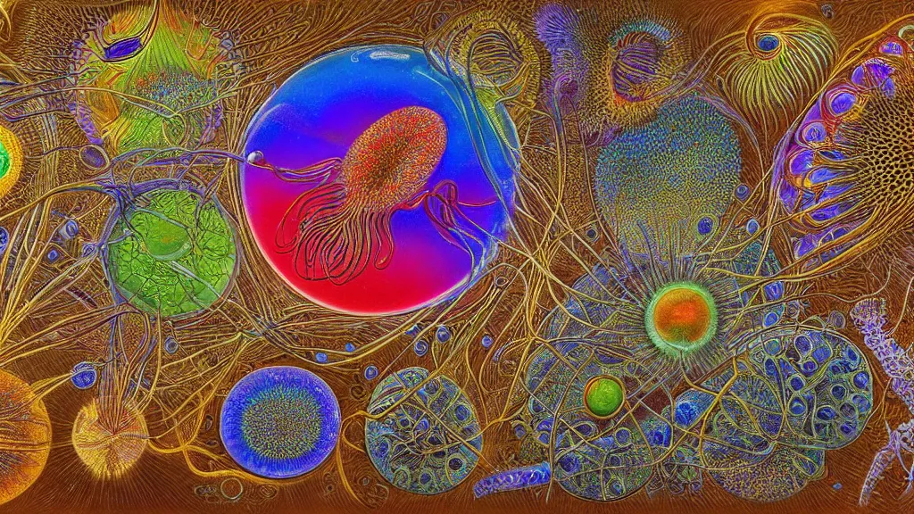 Image similar to quantum connections represented as symbiotic organisms like cells playing around with colorful lights by ernst haeckel, hyperrealistic