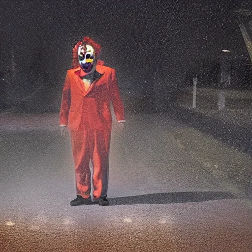 Prompt: a scary clown is standing in the shadows in the middle of a parking lot outside of walmart during night time, rain, foggy, super realistic, high details