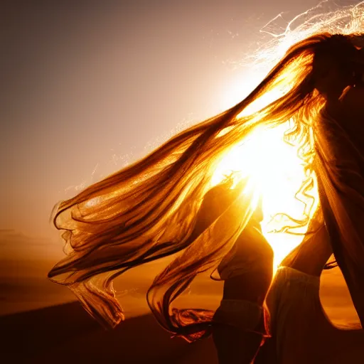 Prompt: filmstill photography of two female body sulhouettes covered with curly white translucent blanket blowing in wind, acrylic liquid colors, luxurious supermodel photoshooting, golden jewelry, bokeh, godrays, strong wind, wrinkles, sunrays, sunset, lens flares, cold colors, sand dunes