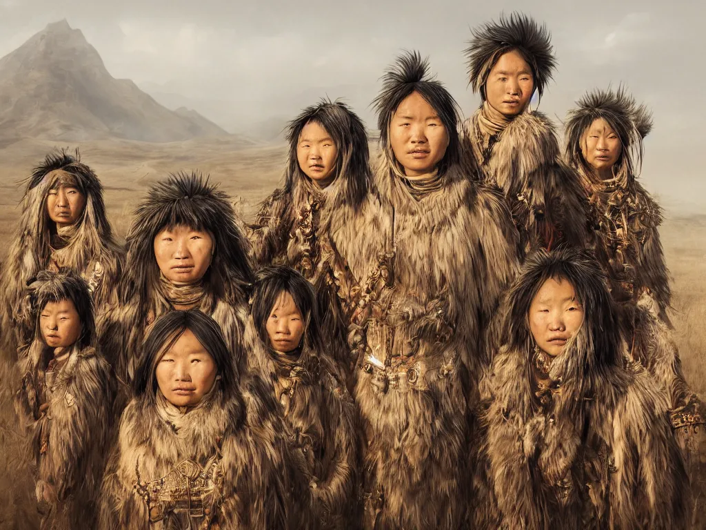 Image similar to a fancy portrait of the mighty sunflower people, a powerful mongolian tribe that lives in a vast barren valley where helianthus grow, by Greg Rutkowski, Sung Choi, Mitchell Mohrhauser, Maciej Kuciara, Johnson Ting, Maxim Verehin, Peter Konig, Bloodborne, macro lens, 35mm, 8k photorealistic, cinematic lighting, HD, high details, atmospheric