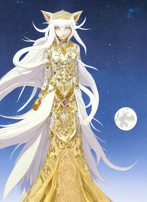 Prompt: commissioned full body portrait of a female anthro werewolf fursona with white hair wearing a white and gold chinese armored dress in a white and gold palace on a starry night with a large rescent moon, by a professional manga illustrator, Stanley Artgerm Lau, WLOP, Rossdraws, James Jean, Andrei Riabovitchev, Marc Simonetti, and Sakimichan, trending on artstation