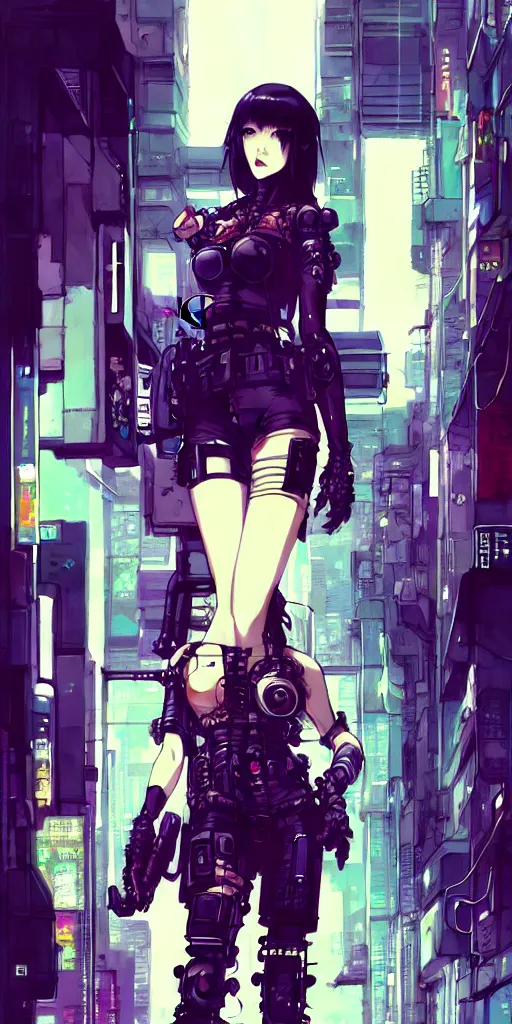 Image similar to hyper - realistic cyberpunk portrait of beautiful! anime woman standing on tokyo street, extreme detail, alluring, in style of yoji shinkawa, pan ren wei, col price, atey ghailan, by greg rutkowski, by greg tocchini, by james gilleard, by joe fenton, by kaethe butcher, grunge aesthetic