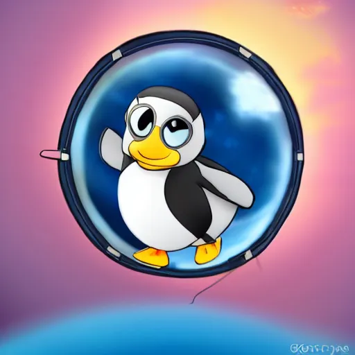 Image similar to cute astronaut penguin, floating on space, disney style, 8 k