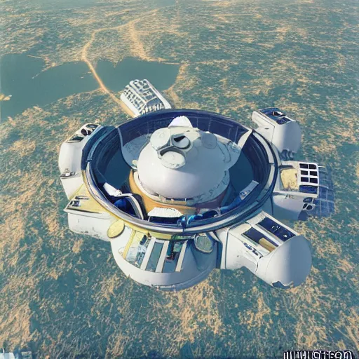 Image similar to an aerial view of a space colony. style: retro futurism