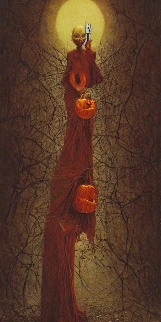 Prompt: a magic surrealism painting of a pumpkin head woman holding a knife 🔪 stands in an abandoned asylum, beksinski, dariusz zawadzki, wayne barlowe, ethereal, dreamlike