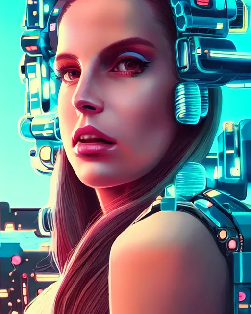 Prompt: portrait of lana del rey as a cyborg. intricate abstract. intricate artwork cyberpunk by tooth wu, wlop, beeple, dan mumford. octane render, trending on artstation, greg rutkowski very coherent symmetrical artwork. cinematic, hyper realism, high detail, octane render, 8 k, blue and pink iridescent accents