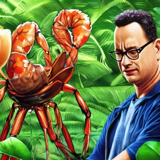 Image similar to Tom Hanks as forrest gump sitting on a giant shrimp in the jungle, realistic digital painting, photoreailstic, realistic face, amazing detail, sharp