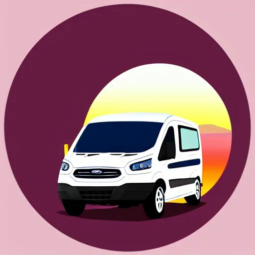 Prompt: very very very stylized minimal vector graphic of a ford transit motorhome, hills and sunset, white background, all enclosed in a circle, professional minimal graphic design cartoon