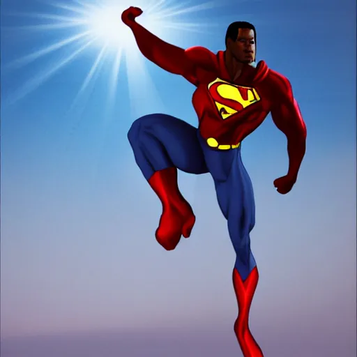 Image similar to photorealistic black superman flying. super dialed. super muscled