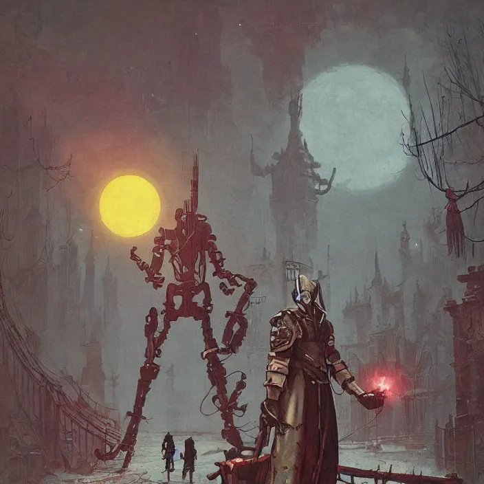 Image similar to a robot hunter from bloodborne in yharnam, style by retrofuturism, faded red and yelow, by malcolm smith, old comics in city, nicholas roerich, katinka reinke