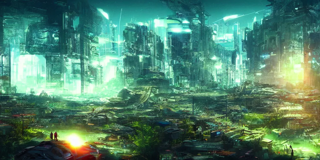 Prompt: a cinematic composition depicting : a computer run degrading cyberpunk world, on top of the mountain a mysterious translucid crystal neural network being is using its transformative energy to transition to a hopeful to lush green foresty solarpunk civilization in the valley at dawn