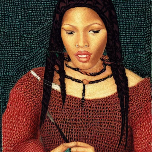 Prompt: nicki minaj knitting a sweater, medieval portrait, close up, highly detailed