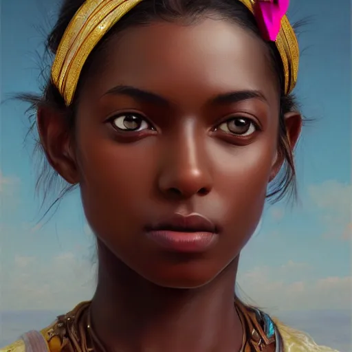 Prompt: artstation concept of a beautiful girl with a bow, brown skin, sweaty skin, symmetrical face, casual white garment, white desert background, shiny colorful, hyperdetailed, artstation trending, world renowned artists, worth1000.com, historic artworks society, antique renewal, cgsociety, by greg rutkowski, by Gustave Doré, Deviantart