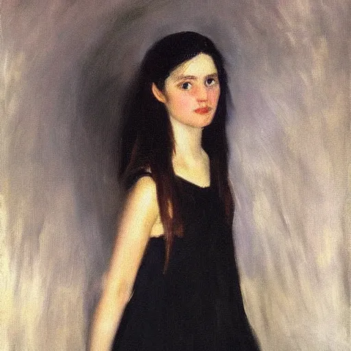 Image similar to “ dark haired girl holding infinity, very detailed, oil painting, portrait, dark background, by john singer sargent ”