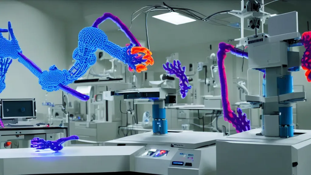 Image similar to a complex bifurcated surgical arm hybrid mri 3 d printer machine making colorful mutant forms with control panels in the laboratory inspection room, film still from the movie directed by denis villeneuve with art direction by salvador dali, wide lens