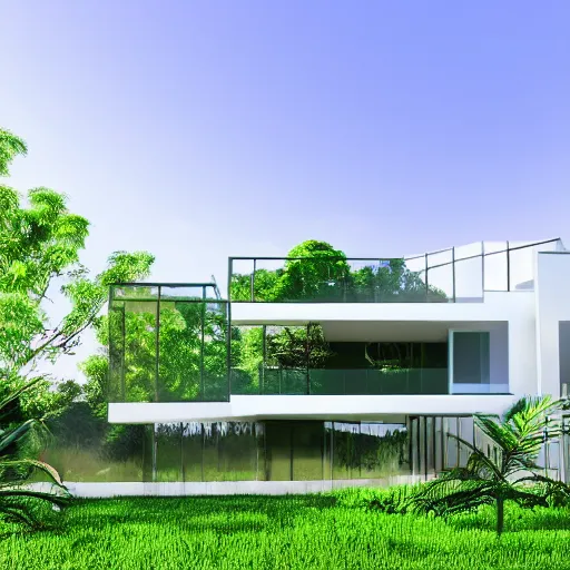 Prompt: modern house, surrounded by a lush jungle, hyper realistic, photo real, HD